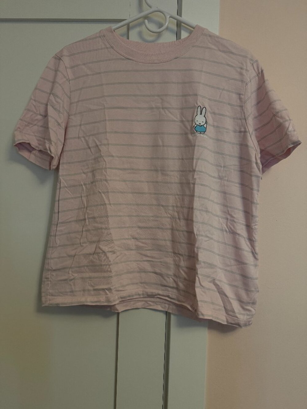 Uniqlo Crew Neck Short Sleeve Tee Miffy In Bloom Pink Blue Striped L 100% Cotton